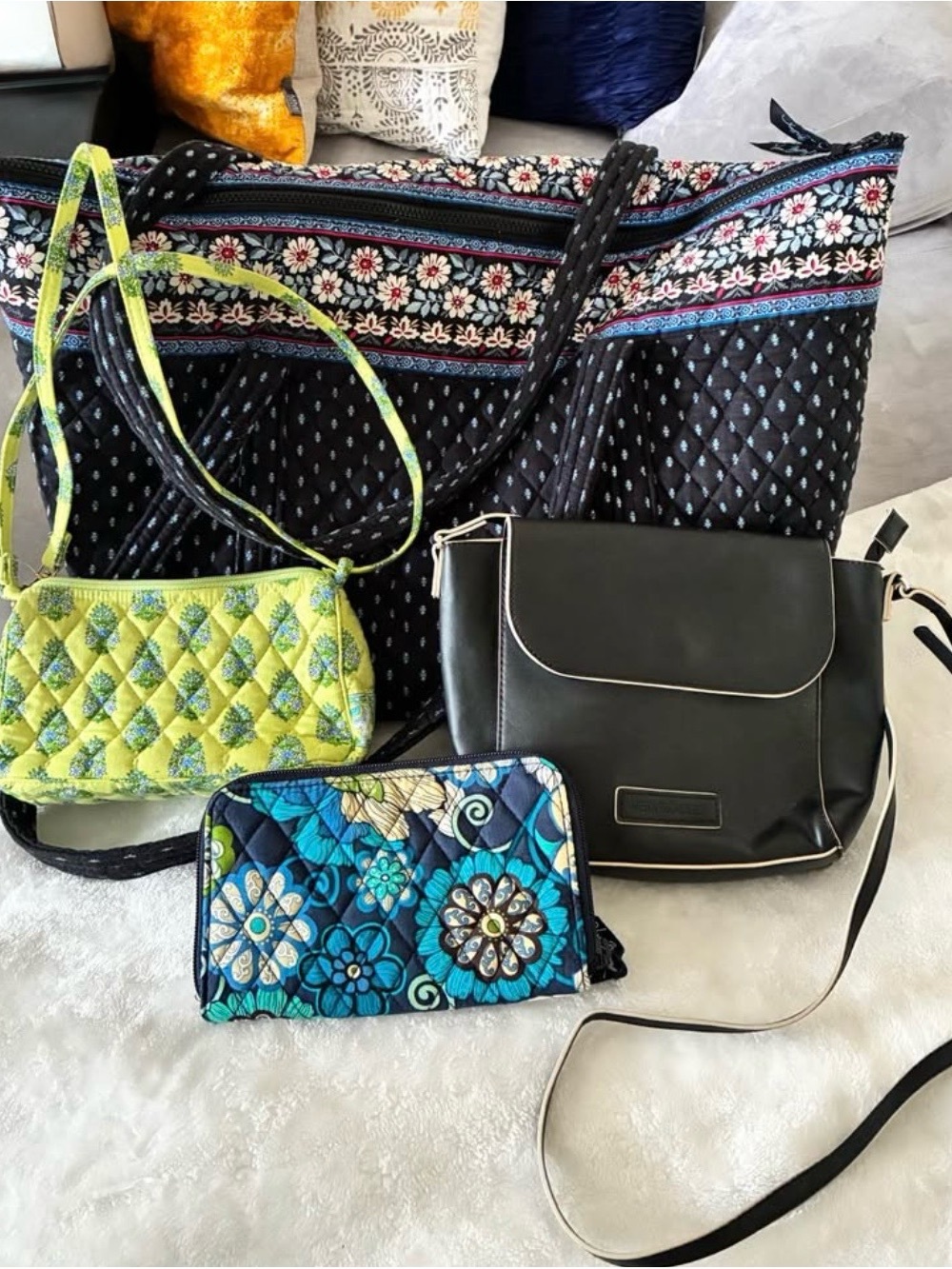 Vera Bradley Quilted Floral Tote and Crossbody Bag Set - Black, Blue, Lime